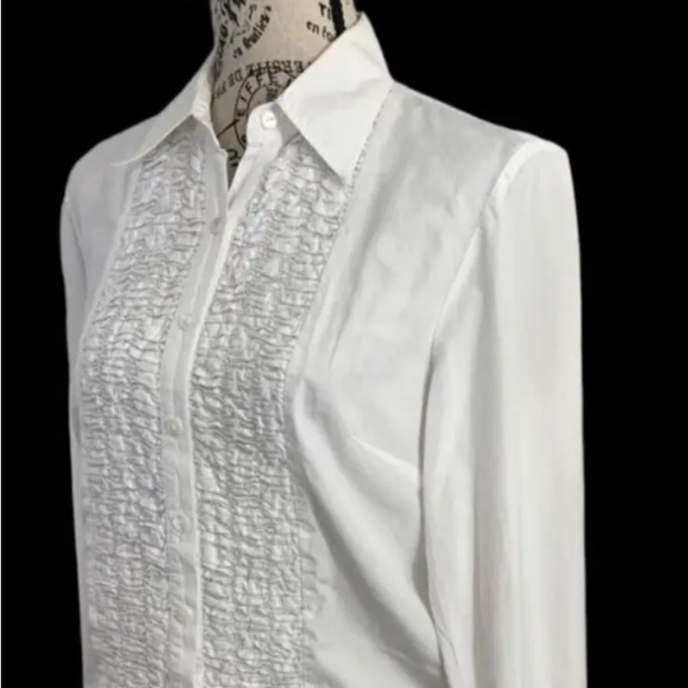 Lafayette 148 New York White Dress Shirt Button down ruffle front Women's small